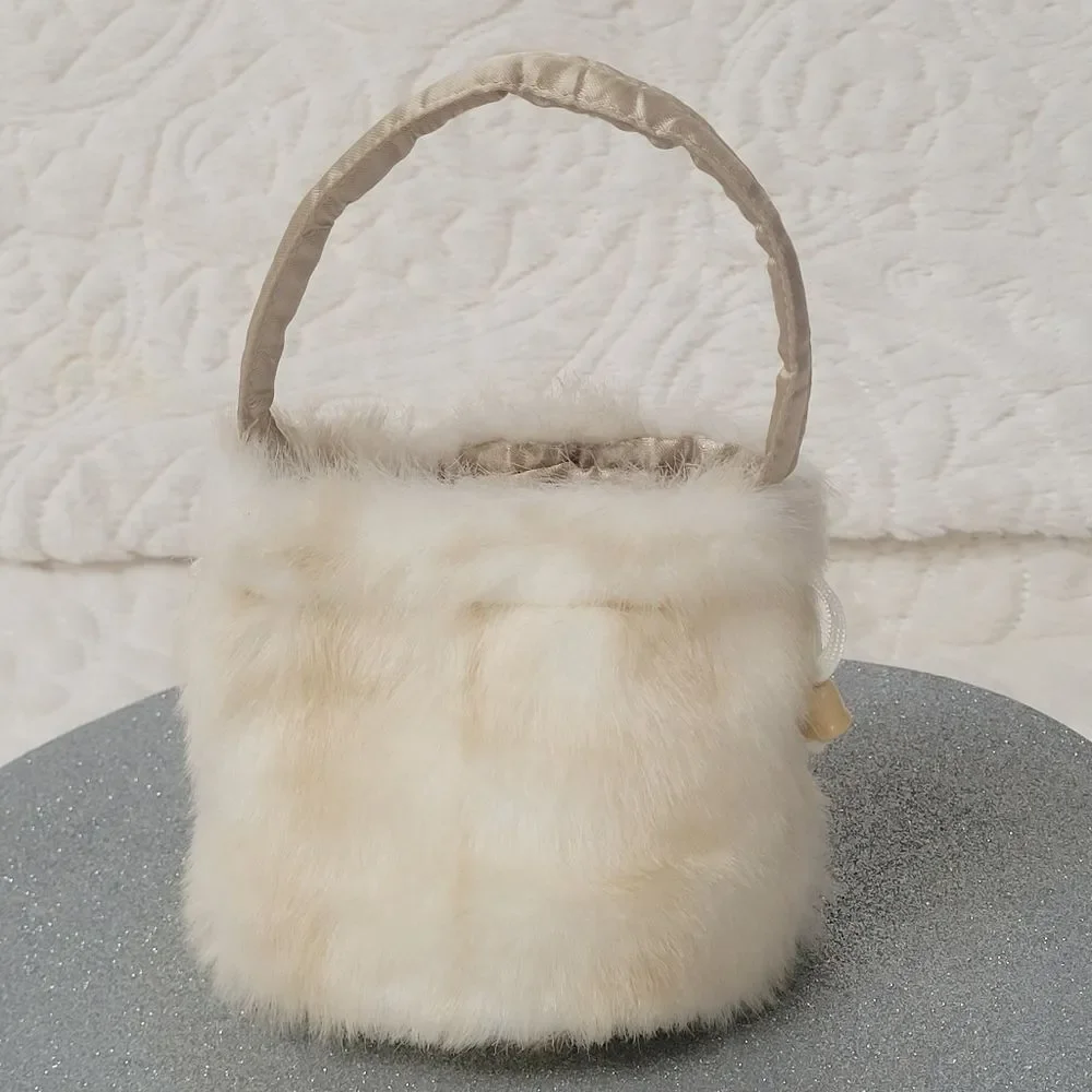White Faux Fur Purse Drawstring Top Small Bag Satin Lined Rigid Handle Holiday
